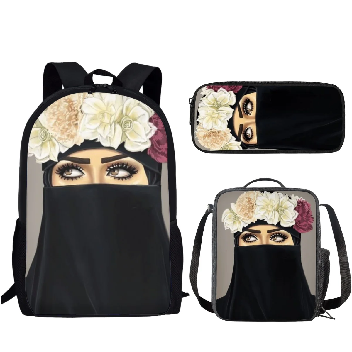 Face Muslim Islamic Girl Eyes 3 Set School Bag Lightweight Backpack for Teen Boys Girl Casual School Bag Lunch Bag Pencil Case