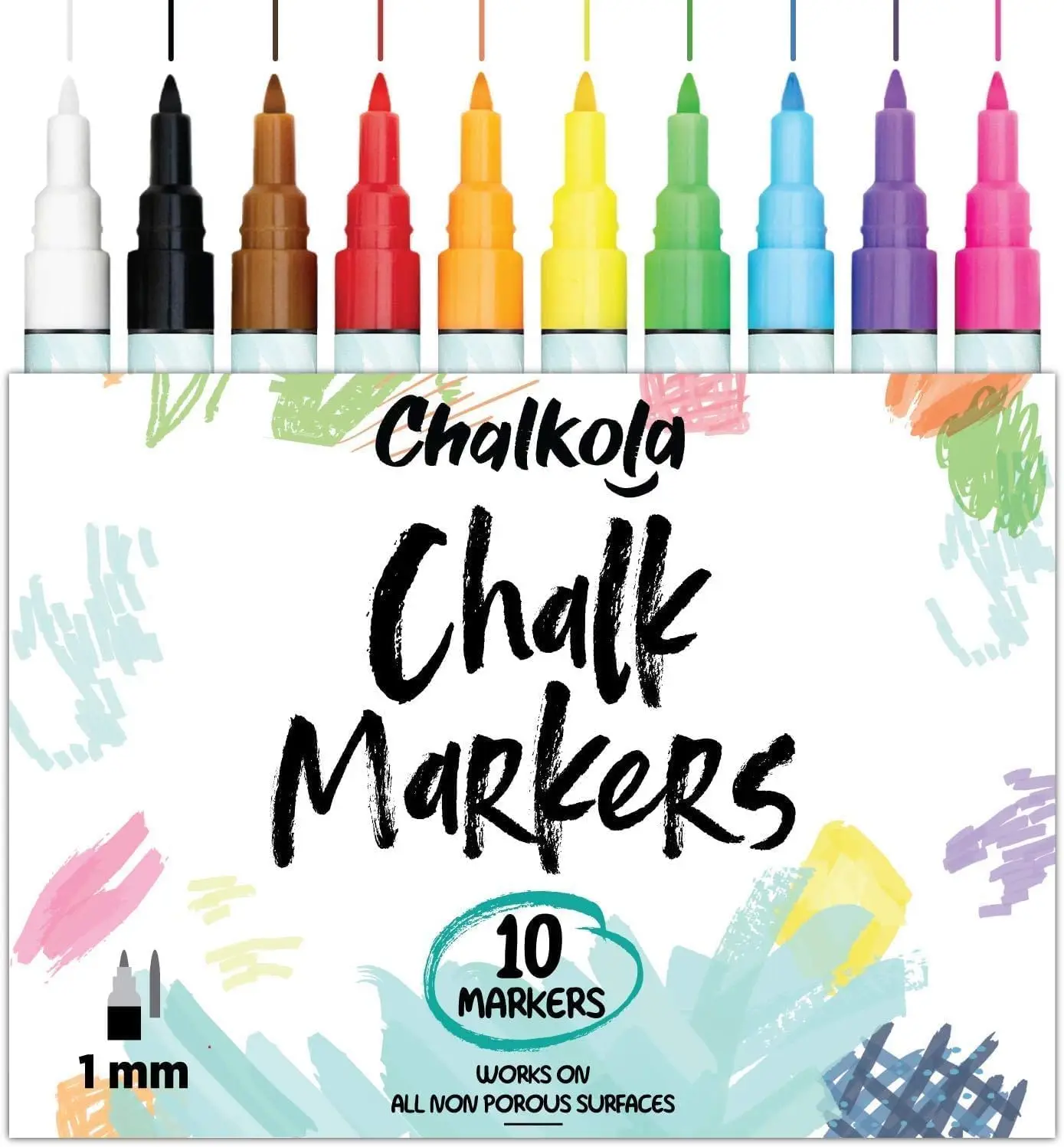 

Fine Tip Chalk Markers 1mm (10 Pack) - Neon Liquid Pens for Blackboards, Windows, Glass, Dry Erase Boards - Wet Erase, Erasable