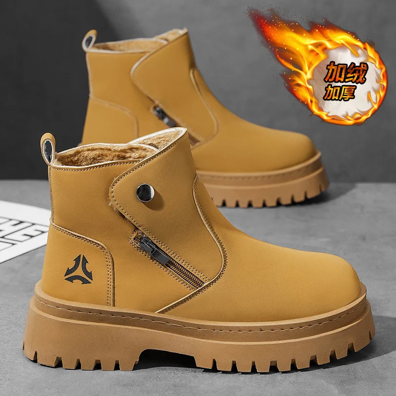 Men High-top Shoes Outdoor Waterproof Leather Boot Fashion Casual Ankle Boot Thicke Plush Warm Winter Boots for Men Botas Hombre