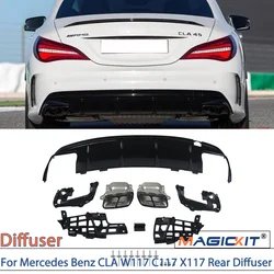 MagicKit 메르세데스 벤츠 AMG W117 C117 X117 용 리어 디퓨저, 배기 테일 파이프 포함, CLA260 CLA45 리어 범퍼 립 글로스 블랙