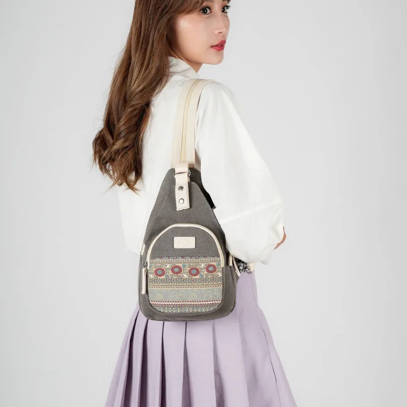 Multi Functional Women's Canvas Bag Ethnic Leisure and Versatile Fashionable Mini One Shoulder Portable Small Chest Bag Retro