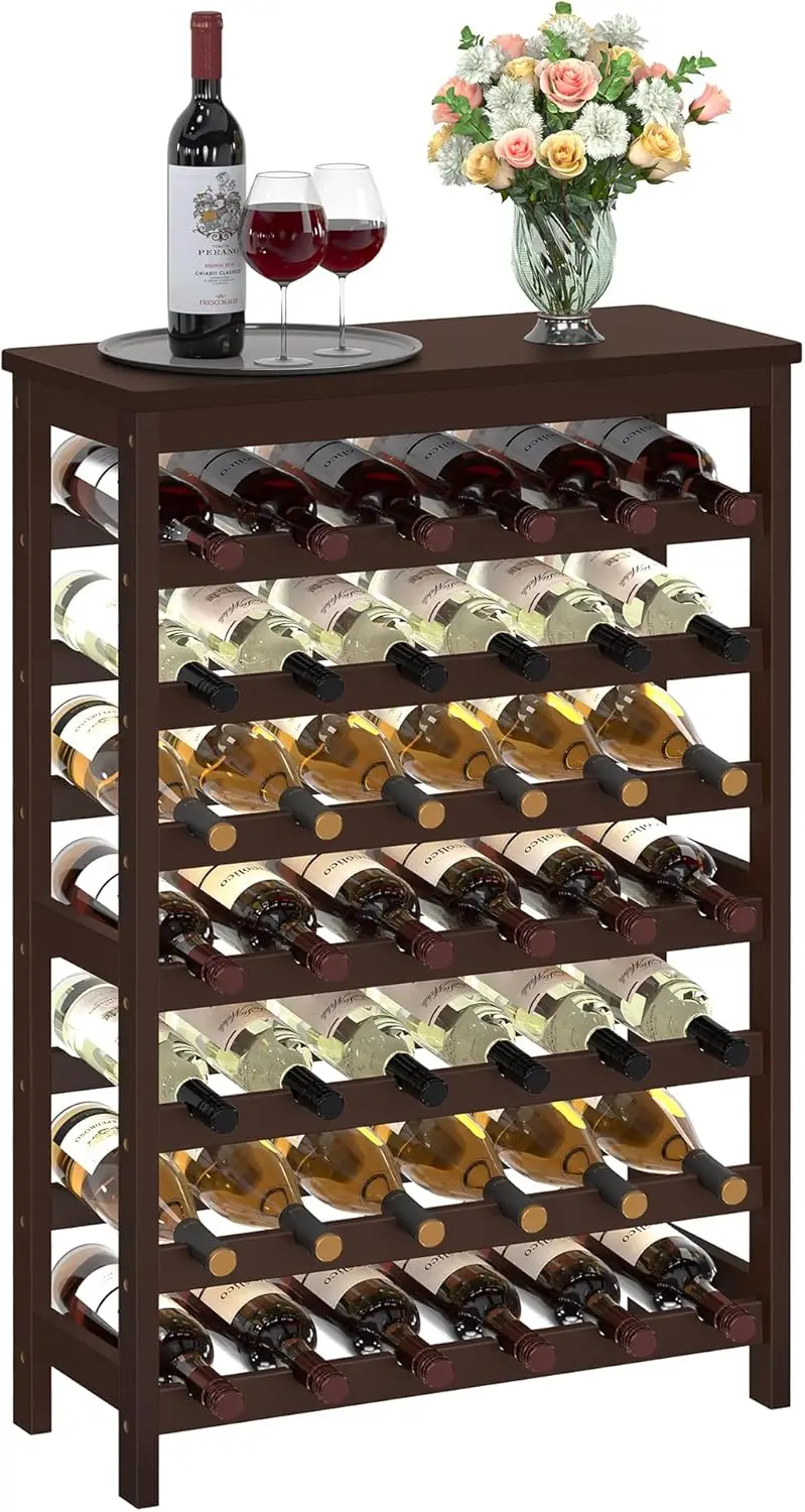 42-Bottle Wine Rack Free Standing Floor, 7-Tier Display Wine Storage Shelves with Table Top, Bamboo Wobble-Free Bottle Holder