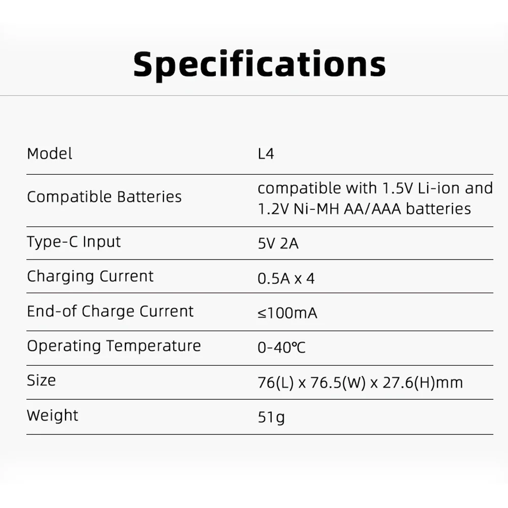 XTAR L4 AAA AA Battery Charger 4 Slots Intelligent LED Indicator USB Charger Charging 1.5V Li-ion / 1.2V lithium NiMH Batteries