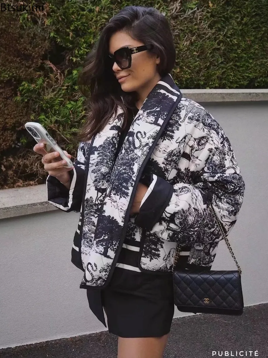 Vintage Quilted Jacket Women Lapel Printed Cotton Coat Winter Warm Pocket Cardigan Coat Long Sleeve Scarf Collar Warm Outwear