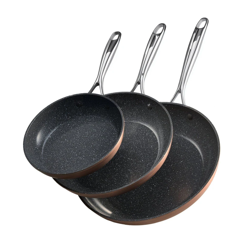 

3-Piece Aluminum Frying Pan Set - Long Handle Non-Stick Pans Safe Heat-Resistant Cookware Oven-Safe & Stovetop Compatible