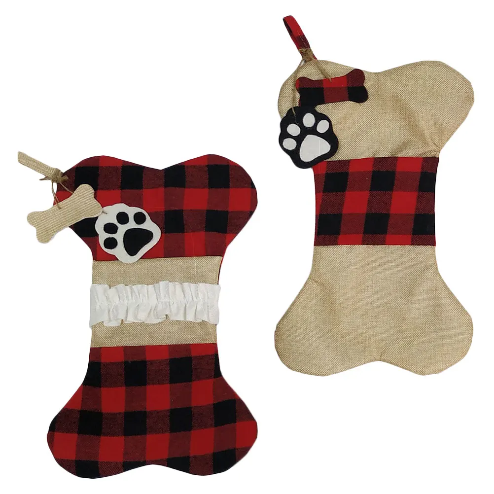 

2pcs Christmas Sock Gift Bag Bone Shape Hanging Pouch For Candies Chocolates Party Decor Red Black Grid Cloth Xmas