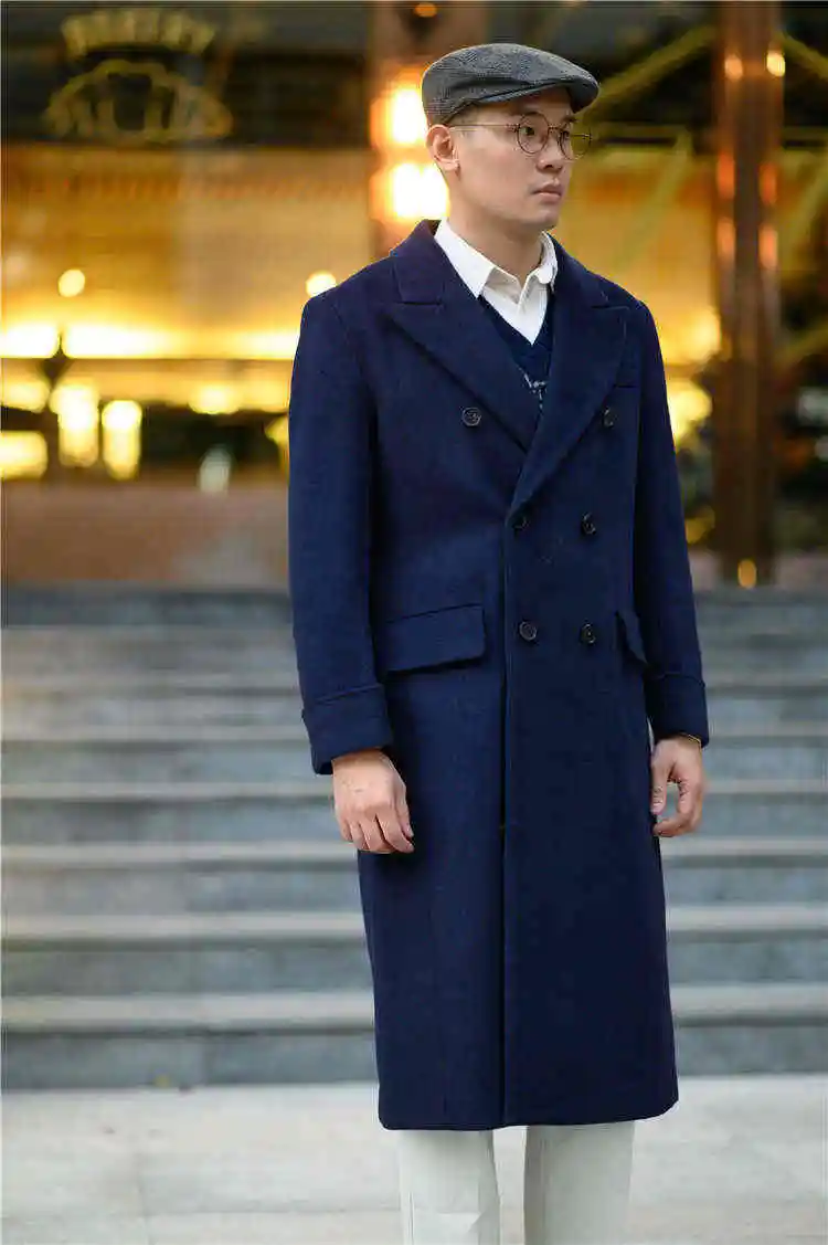 Men Long Overcoat Navy Wool Blend Double Breasted Coat Winter Business Casual  Outwear