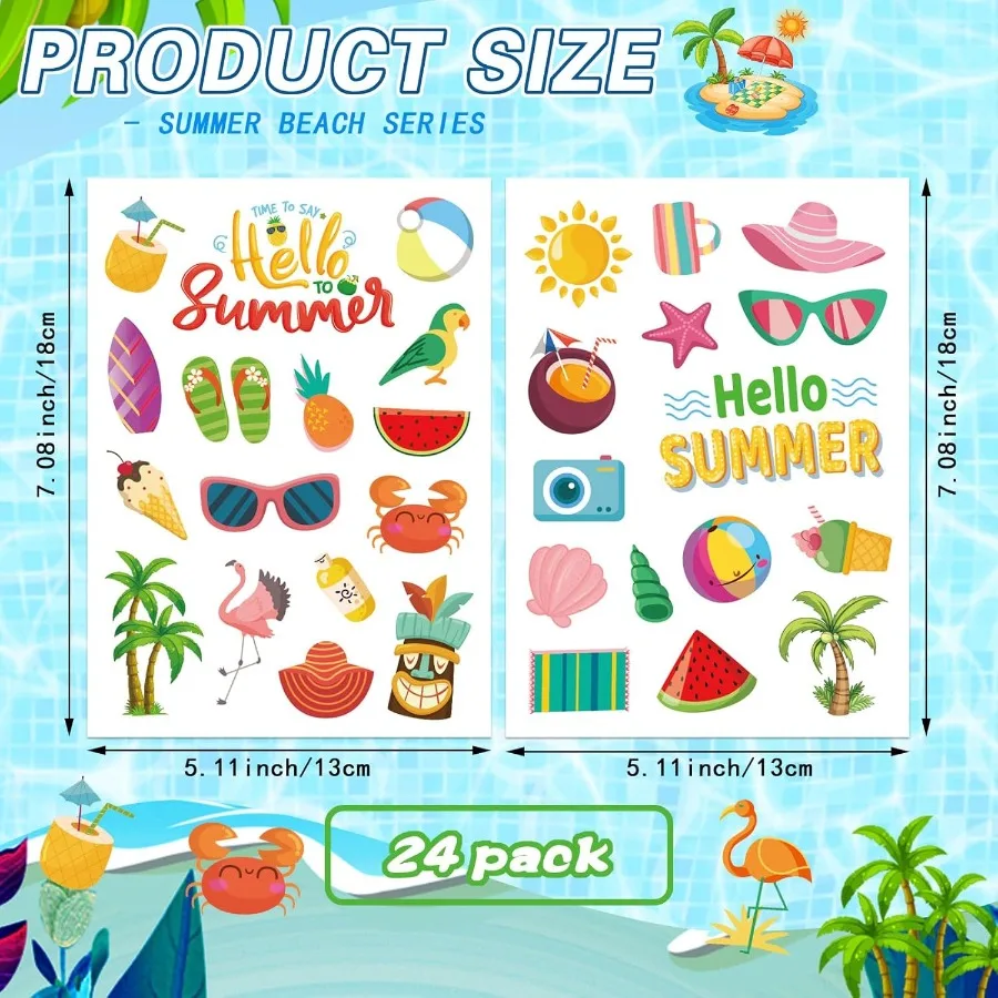 24 ورقة من ملصقات الشاطئ الصيفية الاستوائية لتزيين حفلات Luau هاواي: تصميم الشمس والبطيخ والبيرة والآيس كريم والأناناس