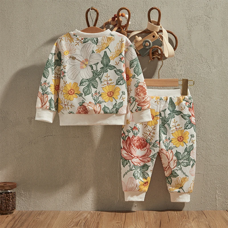 EWODOS Conjunto de roupas de outono para meninas de 0 a 24 meses com estampa floral, moletom de manga comprida e calças de moletom elásticas, roupas fofas de 2 peças para bebês