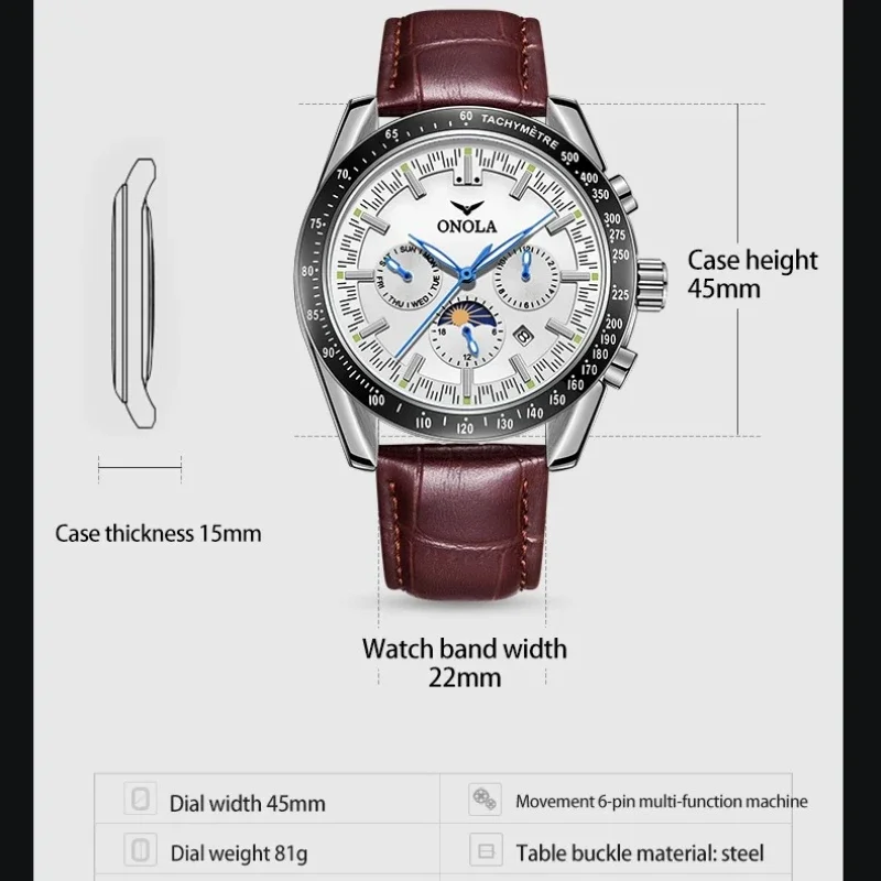 ONOLA 6835 Luxury Fully Automatic Movement Men's Watch Mechanical Calendar Moon Phase Waterproof Chronograph Watches for Men