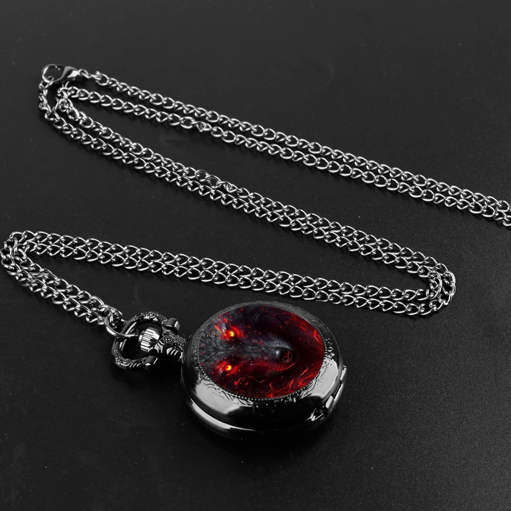 كول الأحمر الذئب تصميم زجاج قبة خمر ساعة جيب كوارتز الرجال النساء قلادة قلادة سلسلة ساعة ساعة مجوهرات هدايا الأطفال