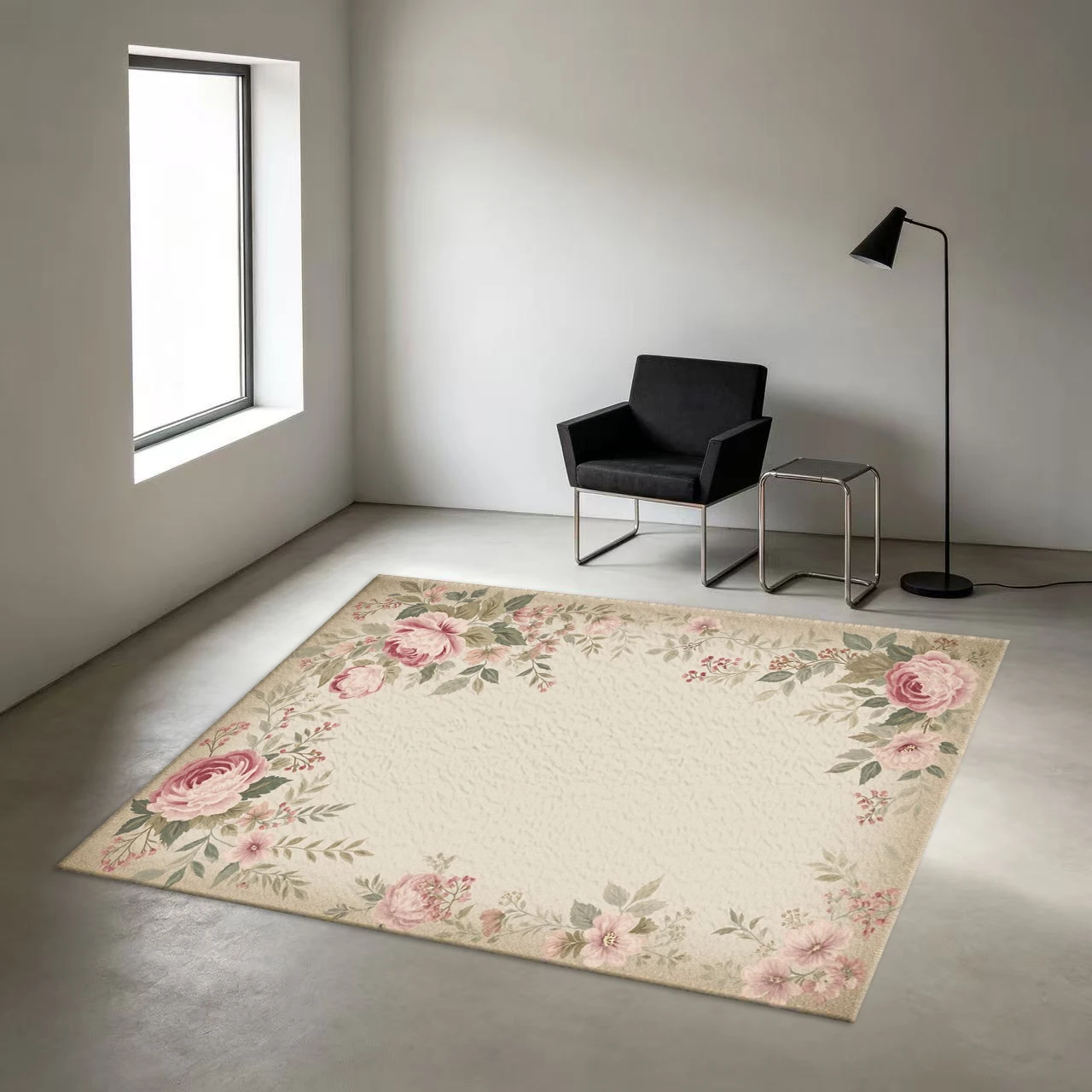 Vintage Pink Rose Border Carpet Romantic Floral Home Carpet Decorative Floor Mat Suitable for Living Room Bedroom Decoration