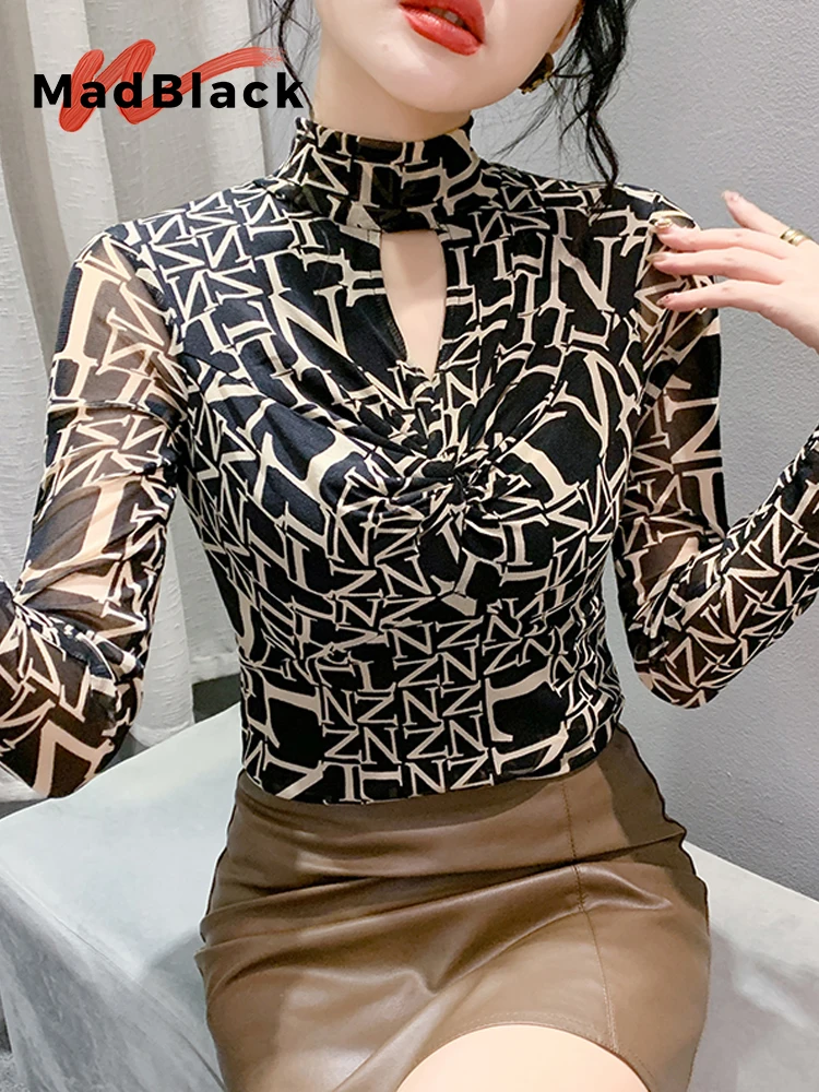 

MadBlack-Women's European T-Shirt, Sexy Mock Neck Printed Hollow-out, Fashion Long Sleeve Slim M-3XL Tee, 2025 Winter T5N913CC