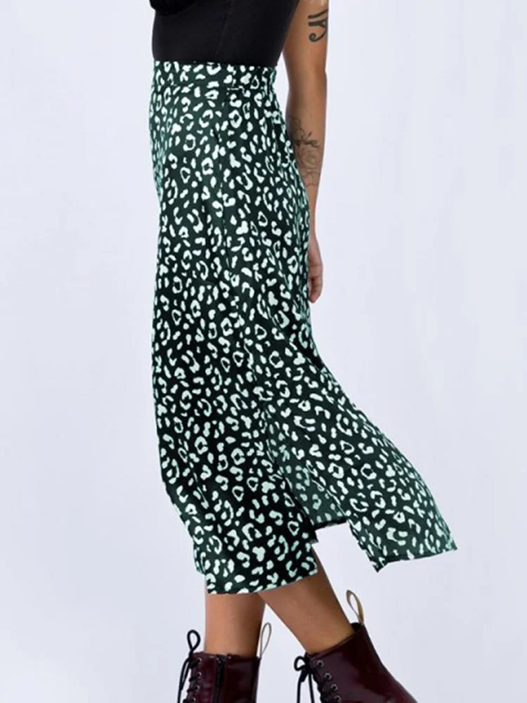 New Summer Fashion  Leopard Print Long Skirts for Women Sexy Chiffon Split Casual Spring Zipper White Black Green