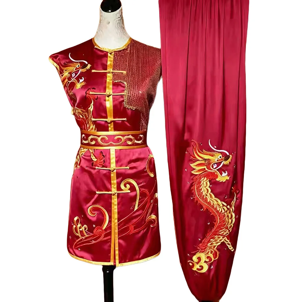 USHINE Kids/Teens Wushu Uniform Satin Dragon Embroidery Kung Fu Suit with Sequin for Performance Competition