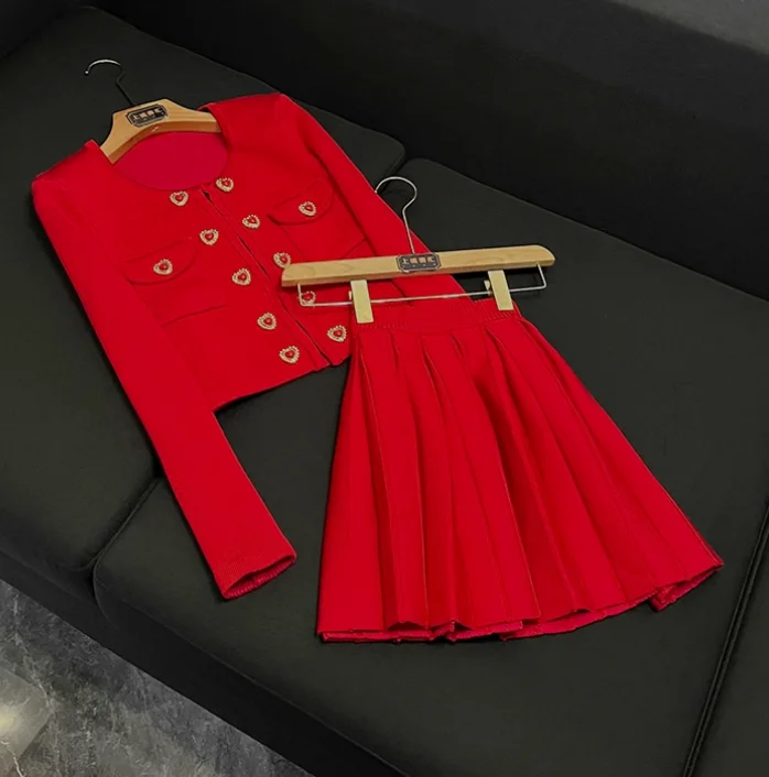 Zoete Stijl Dame Vintage Effen Pak O-hals Lange Mouw Double-Breasted Vest Geplooide Mini Rok Vrouwen Breit 2 Stuks