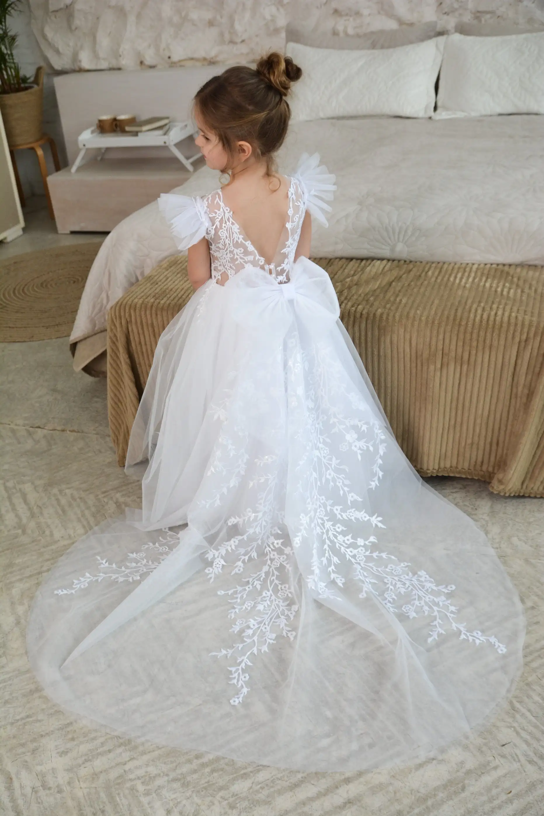 

Flower Girl Dress White Lace Printing Wedding Tulle Ball Junior Bridesmaid Puffy Skirt Laced Kids Birthday First Communion Gowns