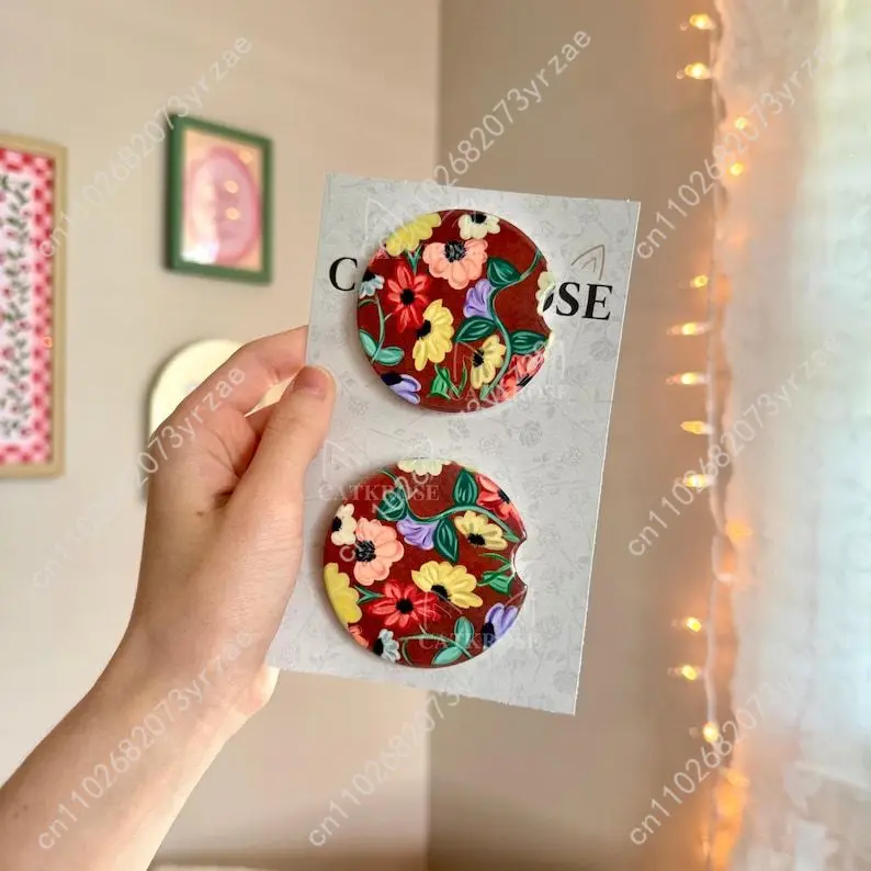 

Piano floral Car Coasters 2pcs Absorbent Anti Slip Car Coasters Scalding Waterproof Easy Clean Car Interior Accessories