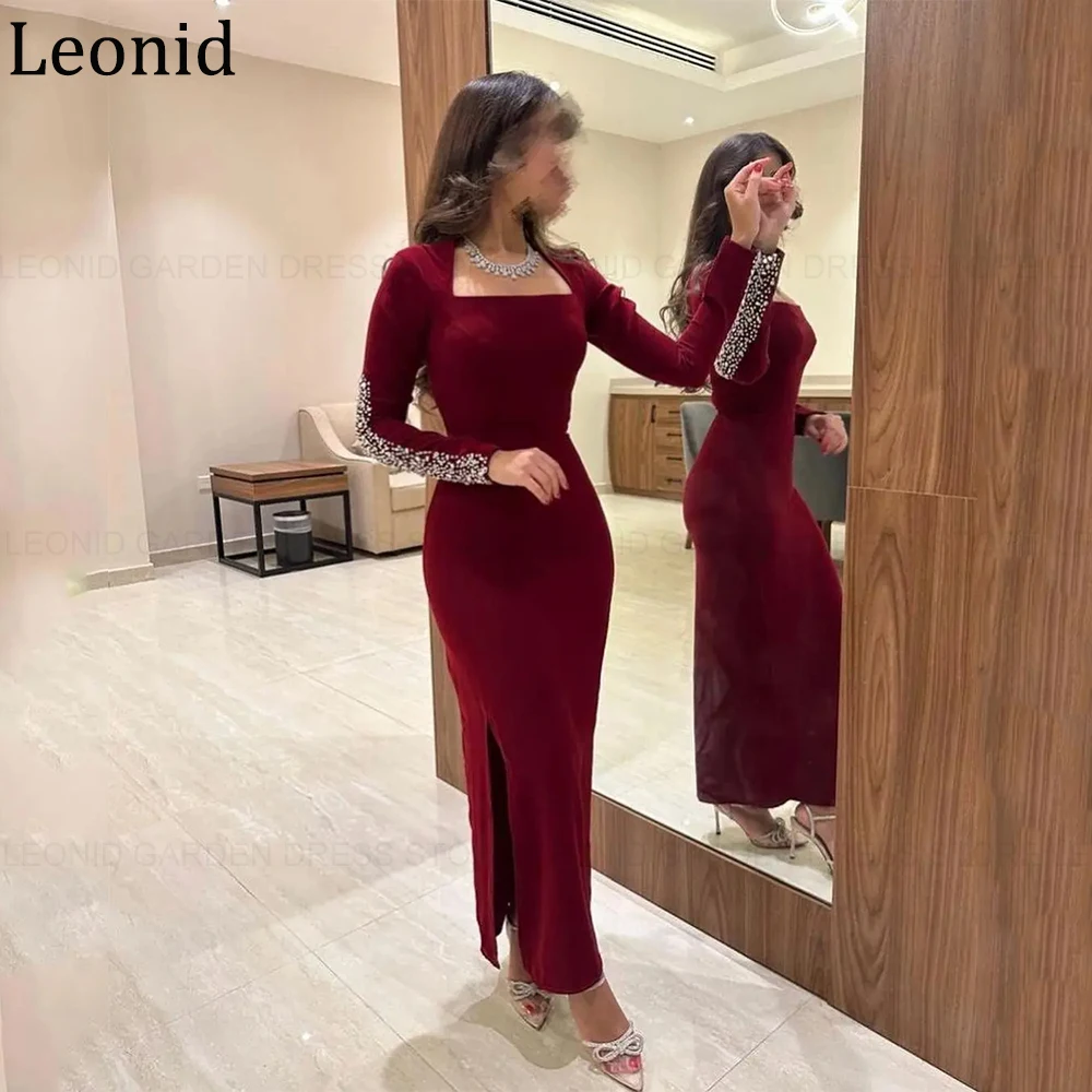 LEONID Prom Dress Mermaid Long Sleeve Beading Ankle-Length Square Collar Split Formal Party Evening Gown For Women فساتين السهرة