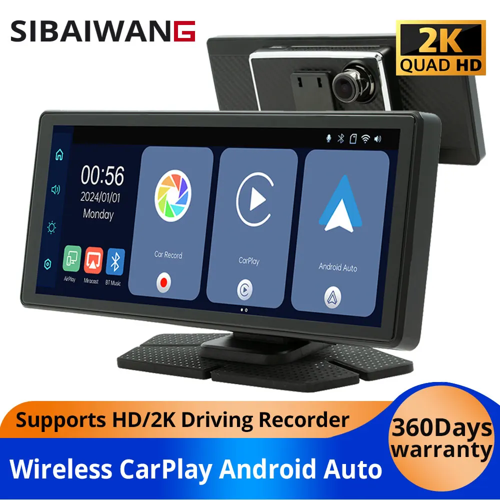 Câmera Veicular 8.1'' 2K DVR Sem Fio com Carplay para Apple e Android Auto, Monitor Multimídia, Câmera de Ré, WIFI, BT, AUX, Rádio FM