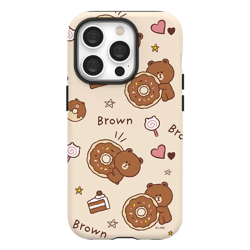 LINE FRIENDS-funda de teléfono de doble capa con dibujos animados para IPhone, carcasa brillante con dibujo de oso marrón para IPhone 16, 15, 14, 13, 12, 11 Pro Max, XS, XR