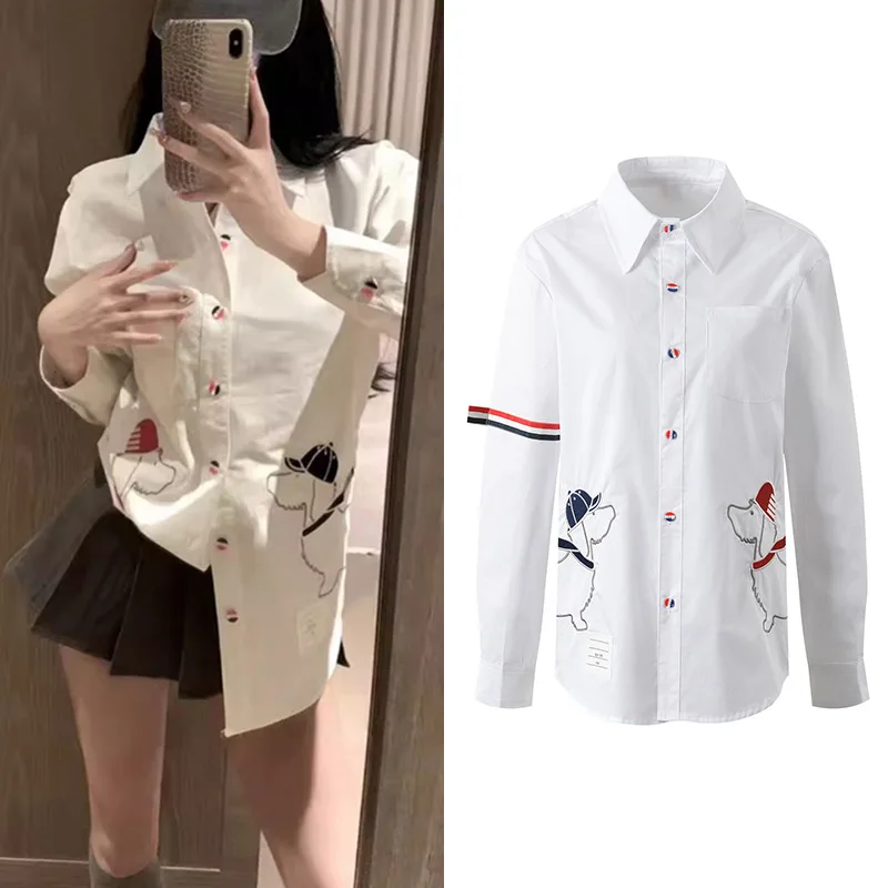 

High-End European Sle Long Sve Embroidered Dog Design Casual irt Jaet Women Loose Fit Top Faionable Outerwear