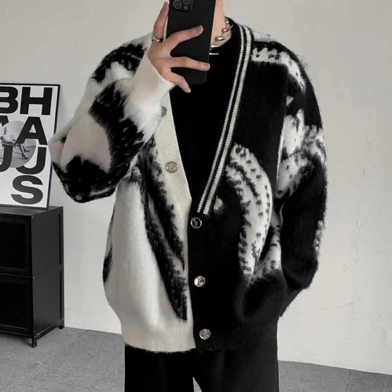 FEWQ Winter Tie Dye Knit Men Cardigan Jacket Thick Loose Sweater 2024 Contrast Color Single Breast Long Sleeve Male Tops