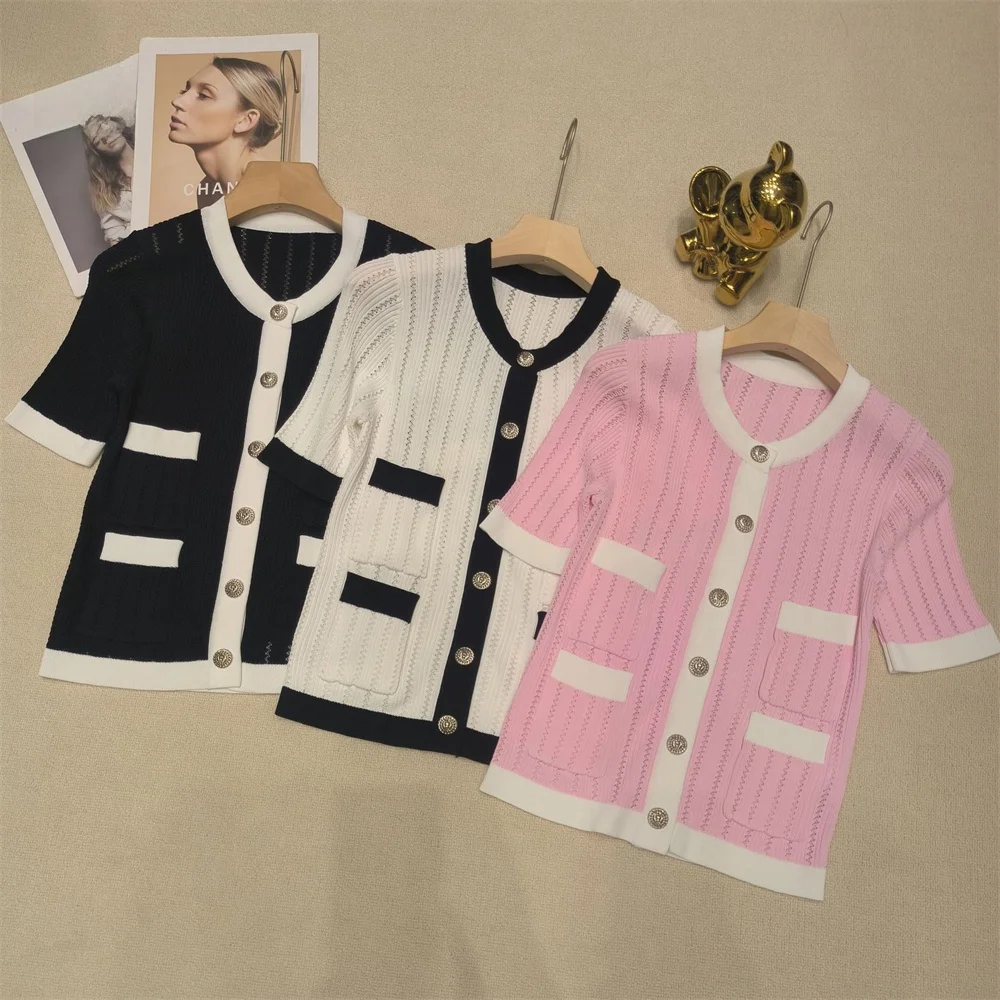 Schlankheitseffekt Parisian Faion B@ Home Gestrickte ort Sve runde Ne Gold Button Cardigan Damen Sommer-Ential-Top