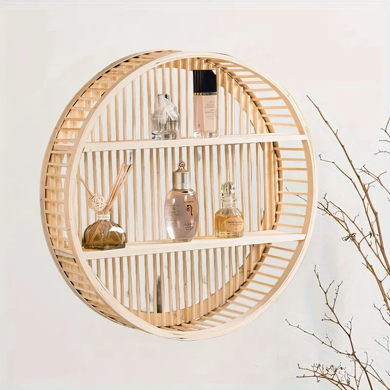 1pc, Round Bamboo Wall Shelf, Rustic Handmade Circular Wall Hanging, Retro Style, Multi-Tiered Home Decor