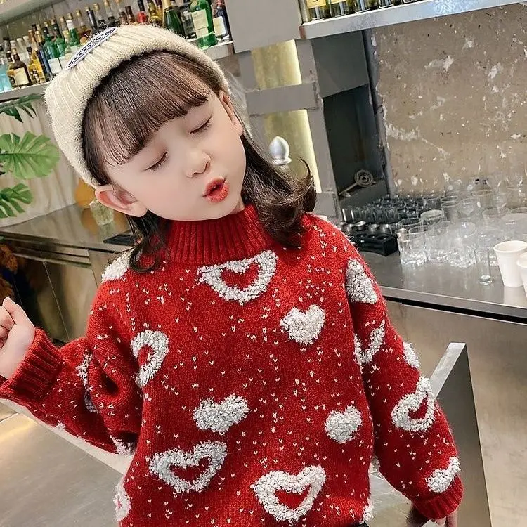 

Girl's Sweater New Winter Clothes Children Red Thickened New Year Dress Baby Girl Winter Knitting Sweater