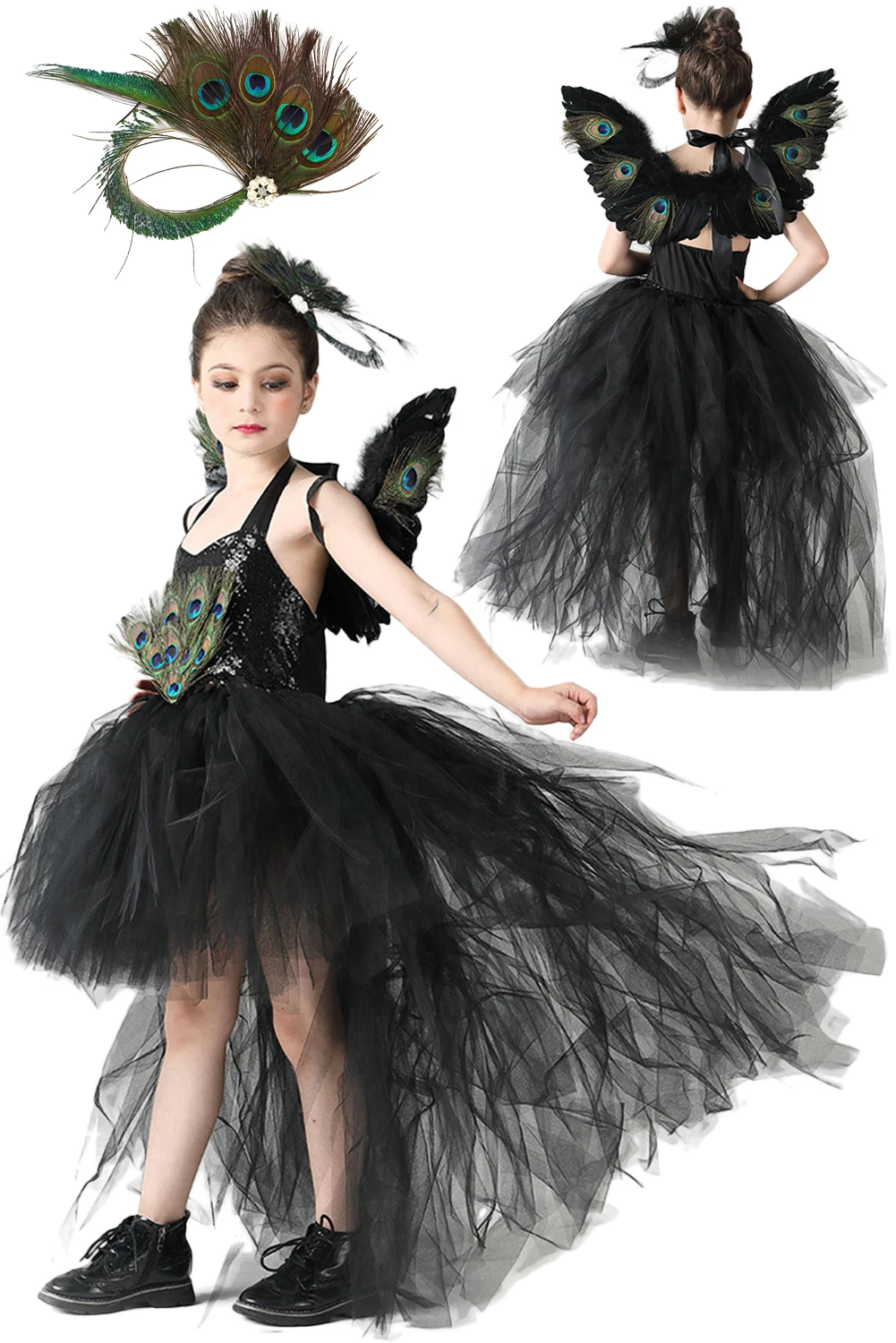 

Peacock Cosplay Kids Girls Role Play Black Tutu Dress Wings Stage Costume Child Roleplay Fantasy Fancy Dress Up Party Clothes