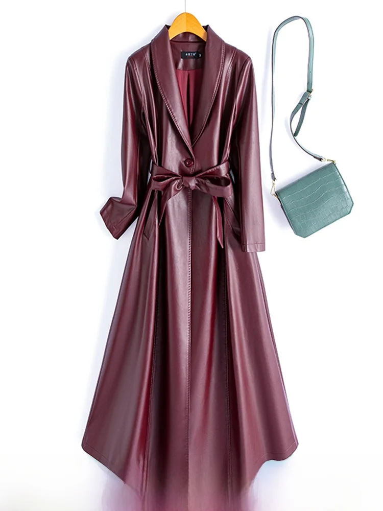 Cappotto in Vera Pelle Haining da Donna, Lungo, Nuova Collezione Primavera 2025, Versione Coreana Slim Fit, Sopra il Ginocchio, in Pelle di Pecora, Antivento