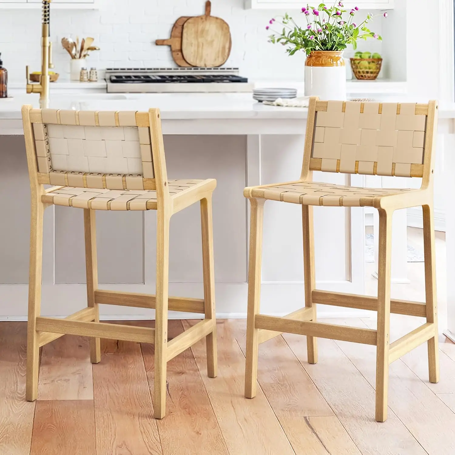 

Counter Height Bar Stools 24inch, Set of 2 Faux Leather Woven Counter Stool with Backs,Dining Room Home Kitchen, Deep Beige