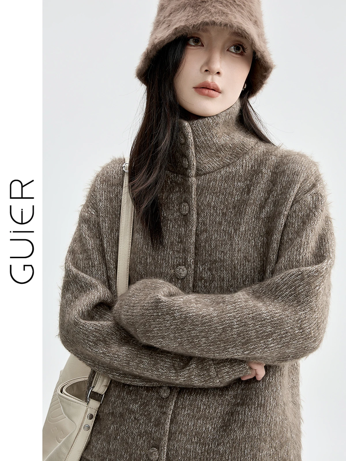 

Guier High Collar Knitted Sweater Cardigan Women's Winter New Sle Retro Quali Top French Sle Loose Fit Long Sve