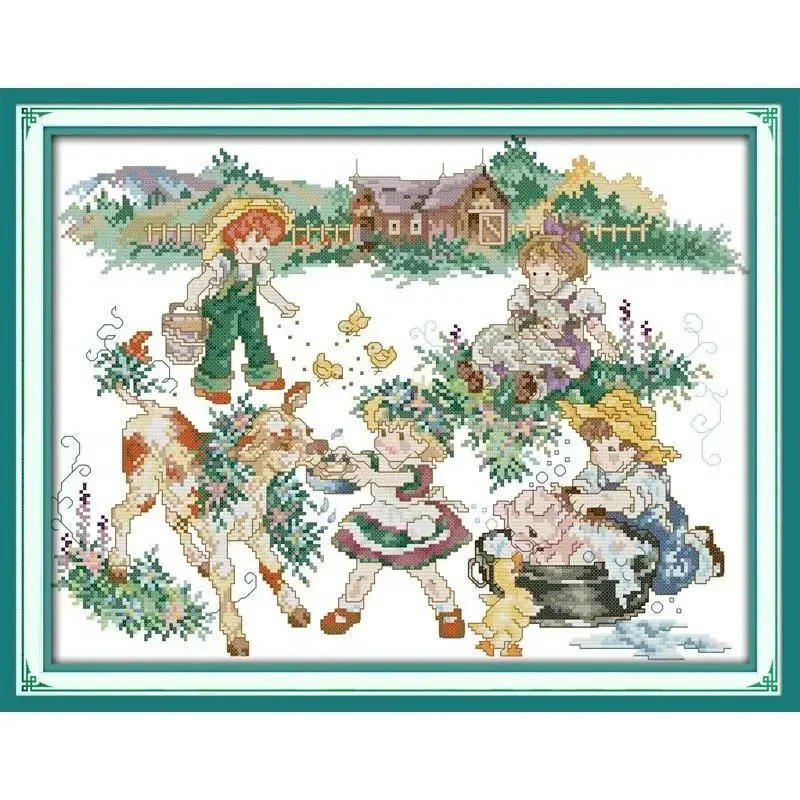 Joy Sunday News Printed Cross Stitch Kit ,  Easy Pattern with Aida and DMC Threads,  Stamped Fabric Embroidery Set-country Life