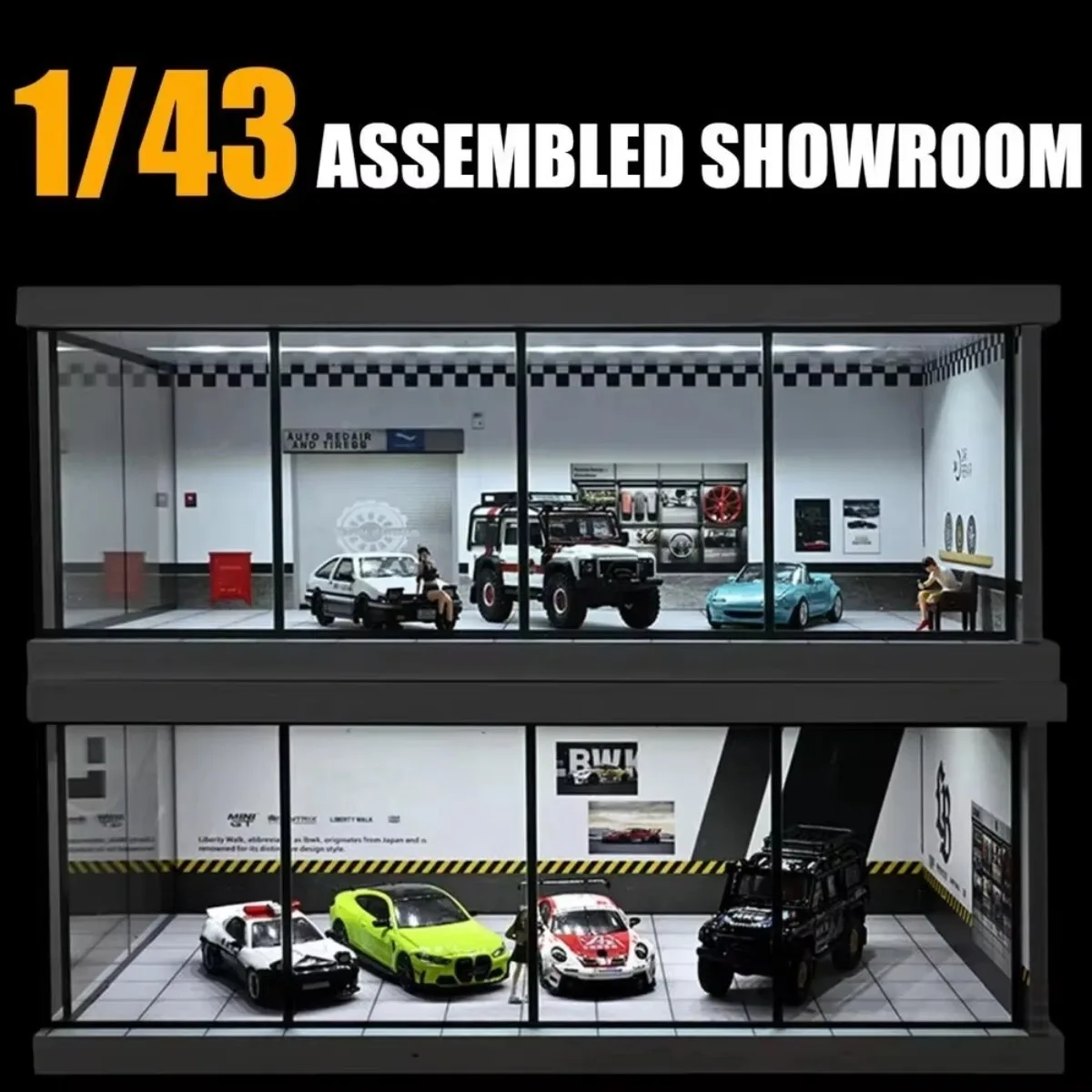 1/43 Scale Car Model Display Case, LED Light Dustproof Showcase, DIY Assembly Garage Scene Storage Box for Diecast Model