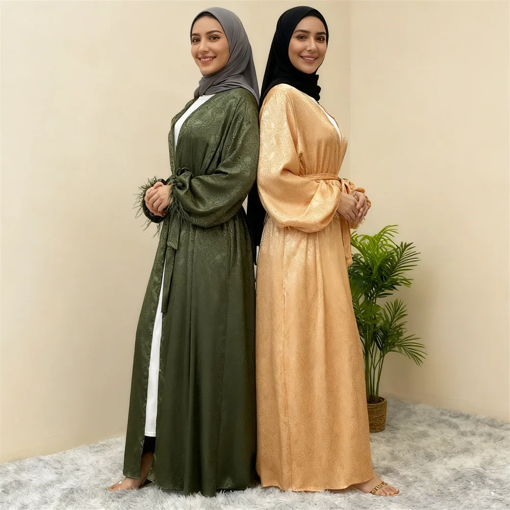 Satin Kimono Muslim Women Maxi Dress Dubai Open Abaya Eid Ramadan Islamic Clothing Jalabiya Femme Cardigan Arabic Robe Caftan