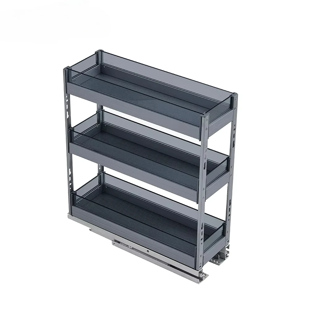 Cajón de cocina Universal con mueble de especias, cesta extraíble, bandeja de accesorios de cocina, vidrio de aluminio
