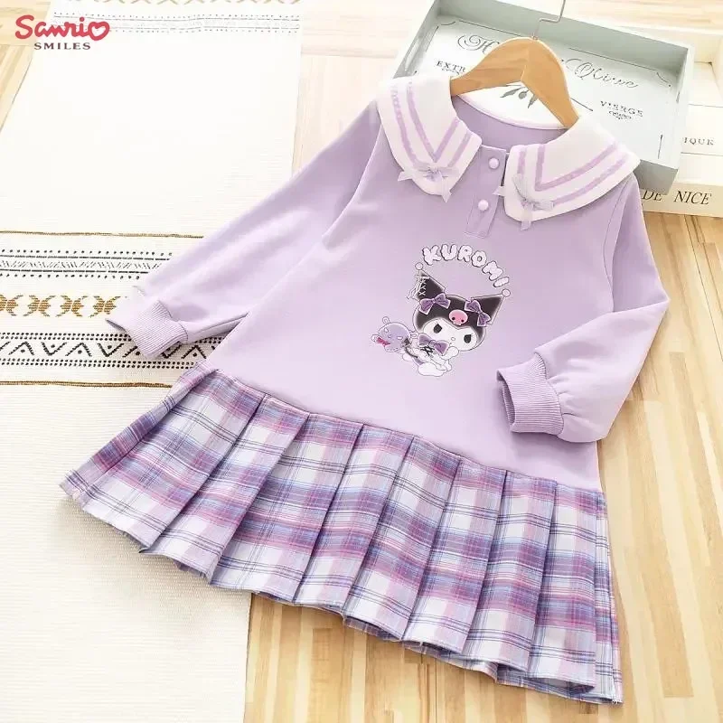 Sanrio Kuromi Children Anime Clothing Spring Autumn Girl Cartoon Peter Pan Collar Fake Two Dresses Kids Plaid Cute Festival Gift