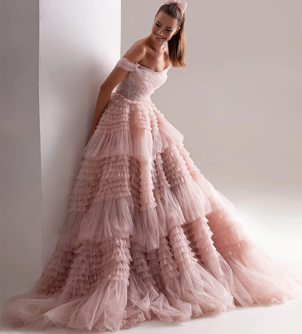 Amanda Light Pink Ball Gown Evening Dress Sweet Tulle Sweep Train Prom Dress 2023 Off Shoulder Party Dress  فساتين مناسبة رسمية