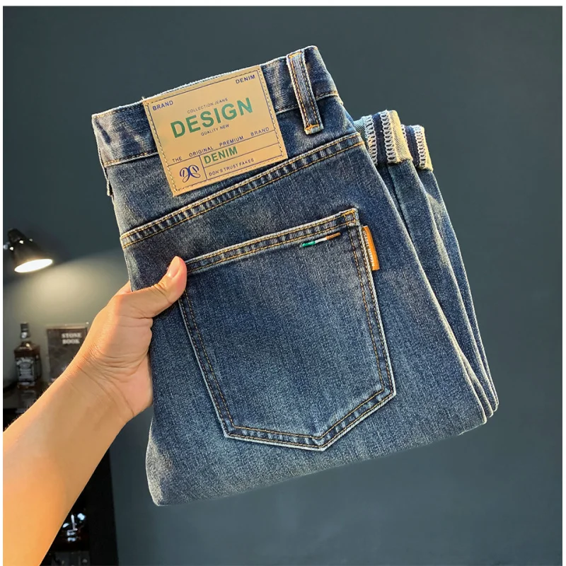

High end light luxury men's jeans trend print new autumn men's clothing casual small feet retro blue pants
