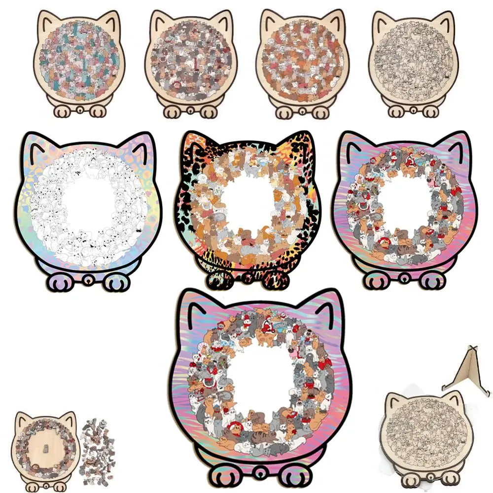 Novo quebra-cabeça em forma de gato colorido morandi de 135 peças com moldura de silhueta de gato macaron cor corte peças de gato ornamentos de quebra-cabeça de gato