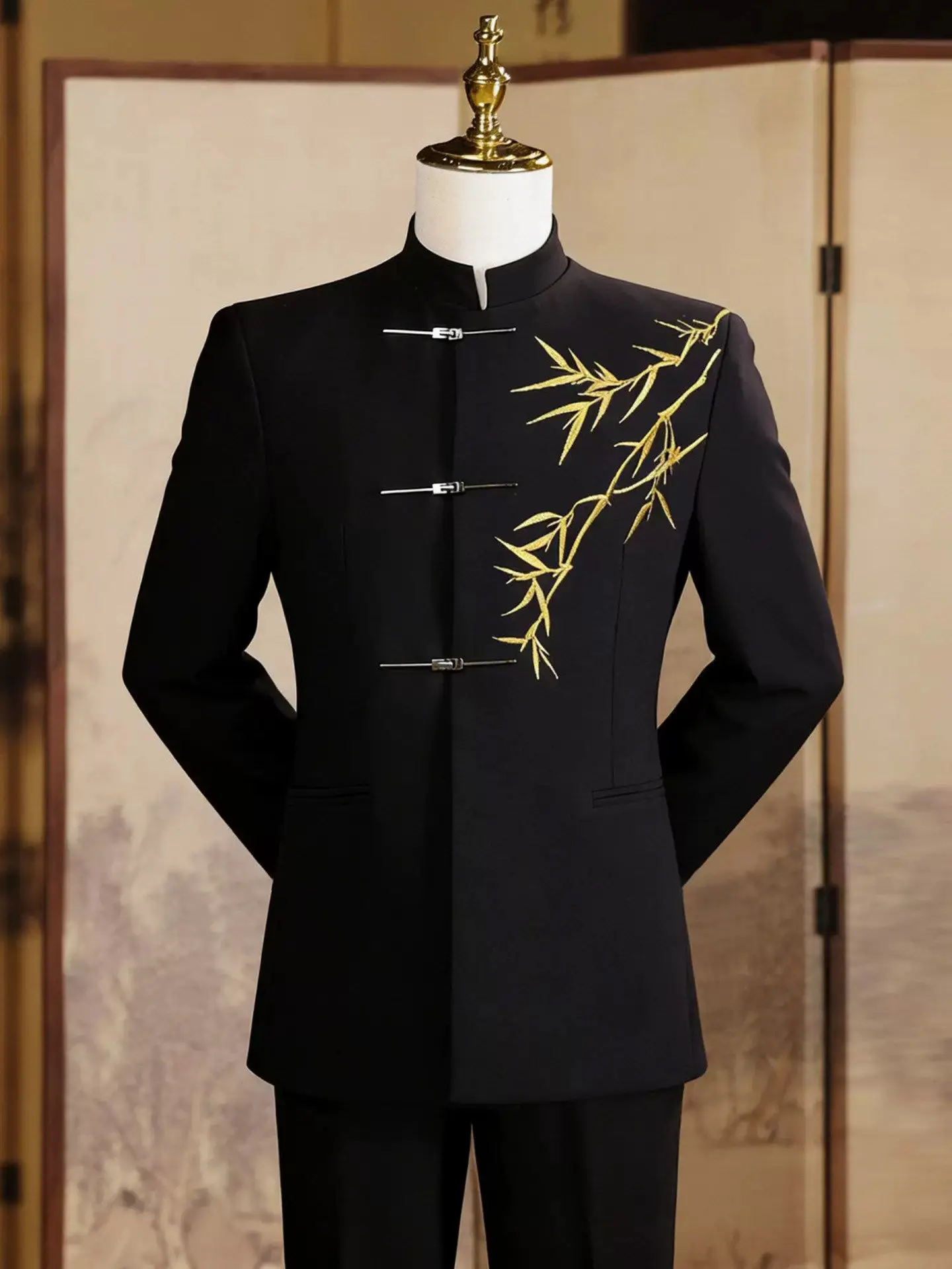 

Bla Embroidered Chinese Sle Formal Suit Men's Wedding Engagement Lightweight Ceremony Zhongan Stand Collar Western Suit