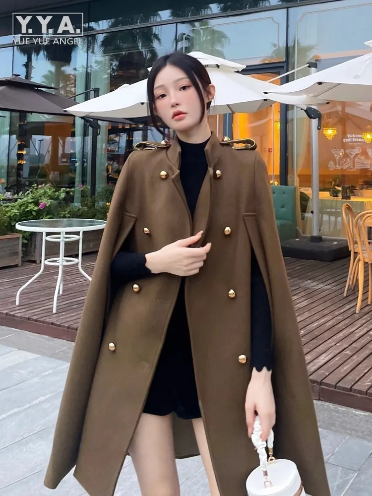 Autumn Winter Women Cloak Overcoat Stand Collar Double Breasted Loose Fit Middle Long Jacket Vintage Office Ladies Woolen Coat