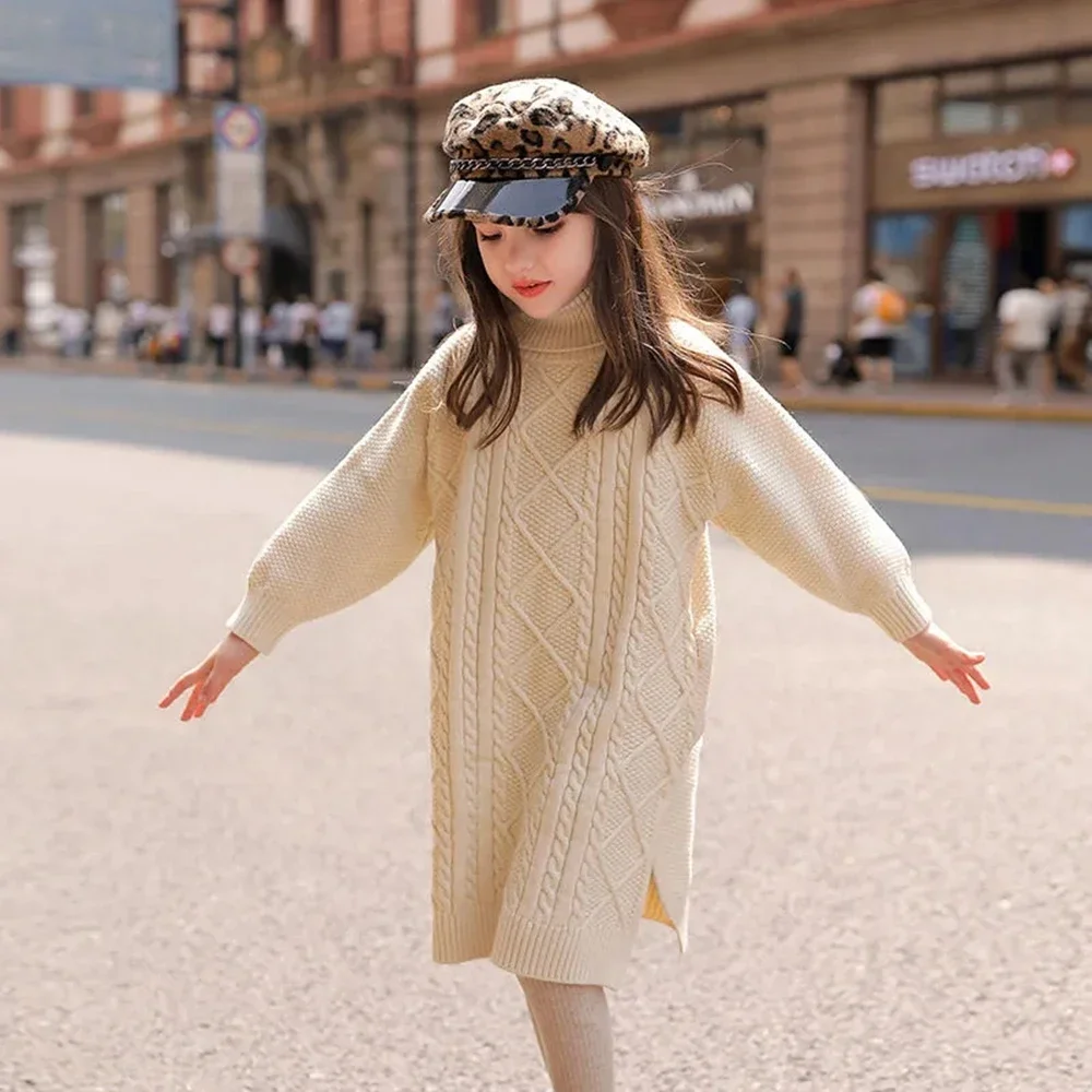 

Autumn Kids Turtleneck Sweater Dress For Girls Thick Solid Knite Sweaters Casual Dresses Teeange Children Clothing 6 8 10 12 14