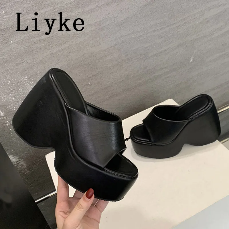 Liyke, zapatillas de cuña con plataforma de cuero blanco y negro para mujer, sandalias de tacón súper alto con punta abierta y parte inferior gruesa de 6,5 CM, zapatos femeninos