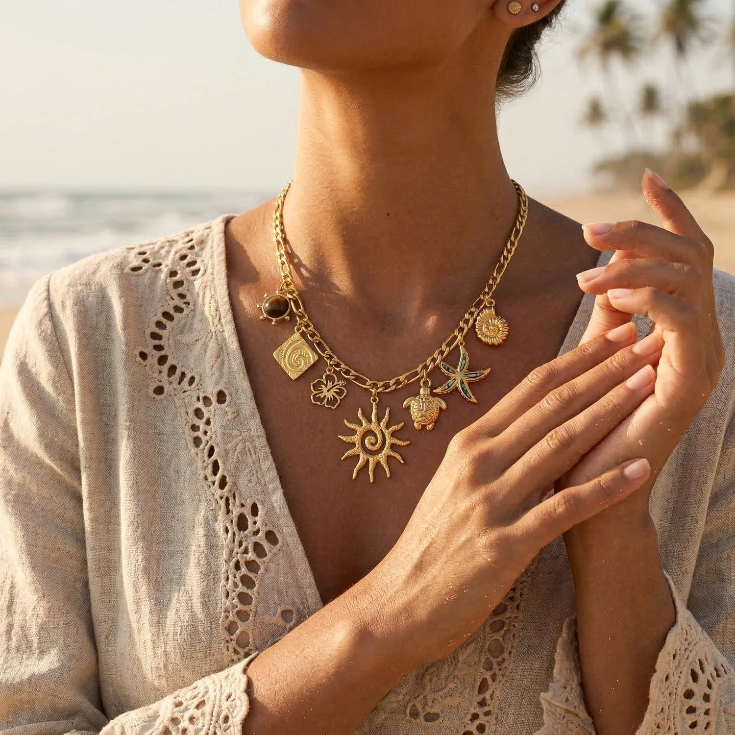 

18K Gold Plated Stainless Steel Trendy Starfish Moon Sun Shaped Pendant Necklace For Women Romantic Neck Chain Holiday Gift