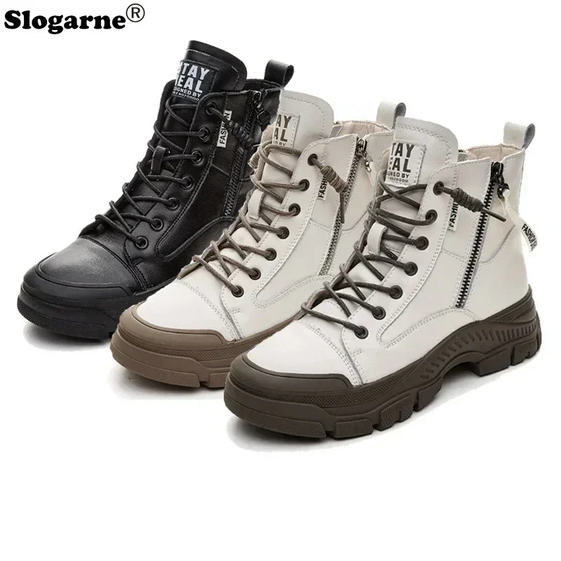 New Genuine Leather Boots Women Winter Cow Leather Ankle Boots Modern High Top Shoes Thick Sole Snow Boots Platform Shoes Bottes