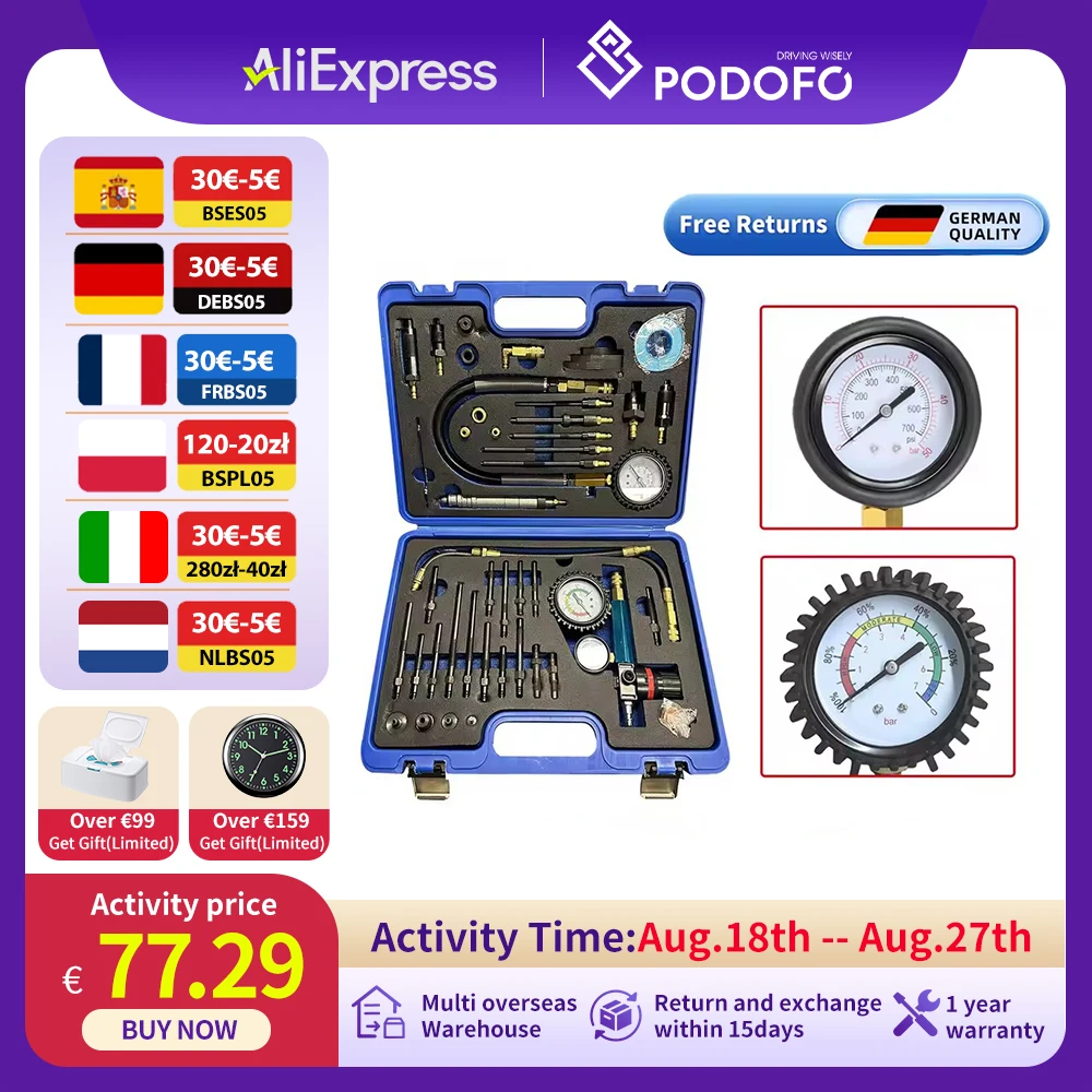 Podofo 46PCS Tester di compressione/Tester per perdita di pressione Tester per motori/Kit tester per perdite di bombole automatiche con motori diesel e benzina