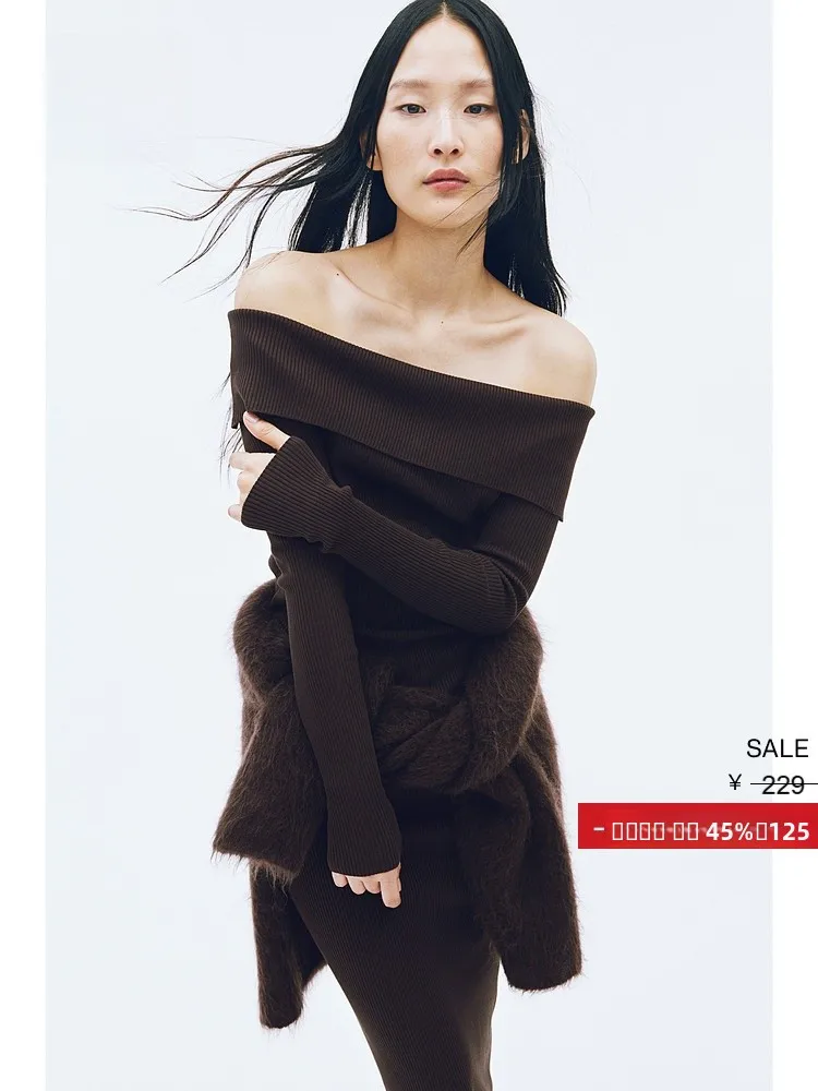 

Spring Women's Ribbed Knit oulder Bared Top Casual Fit Regular Thin H&M 237775 Comfortable Wear Polyester Blend